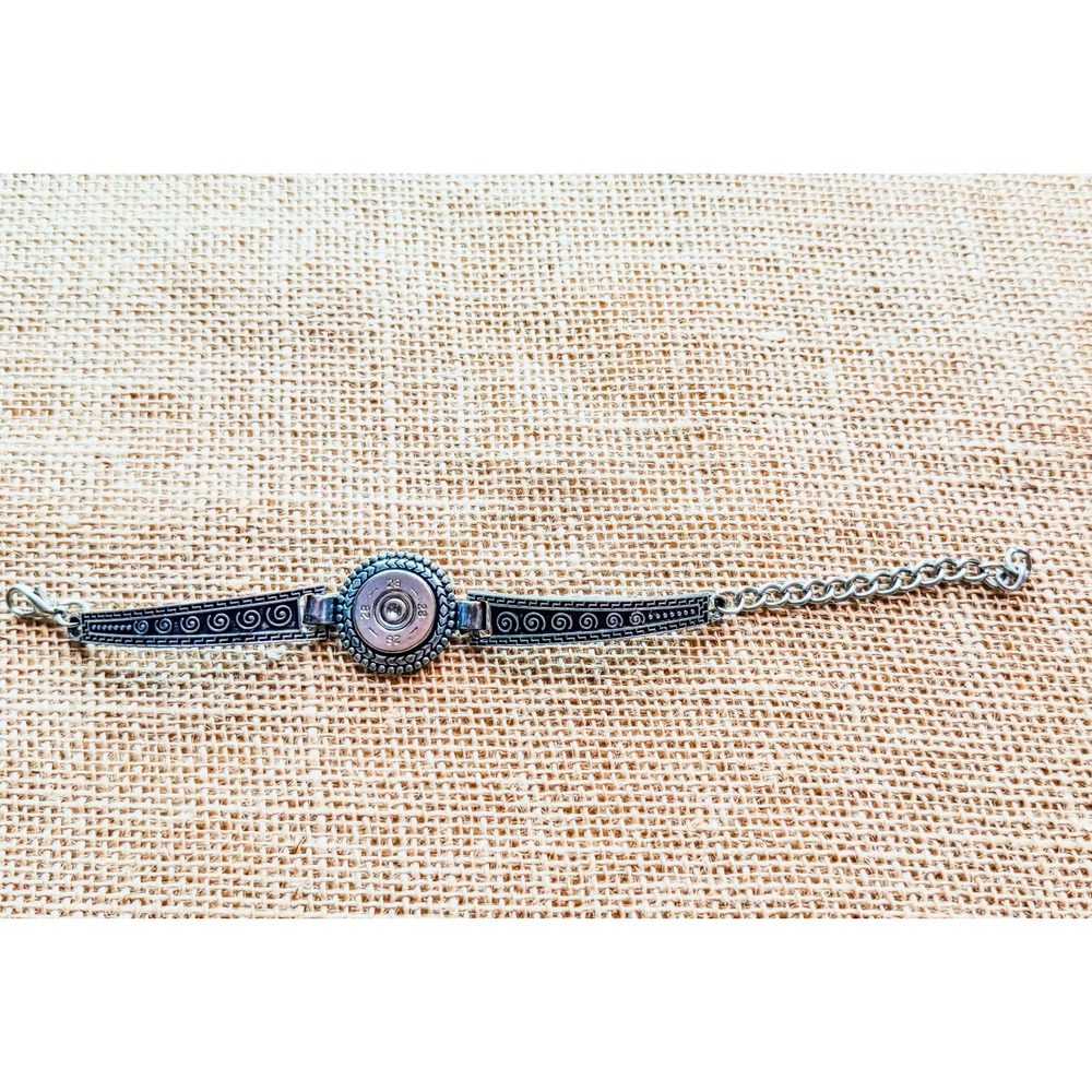 Western Shotgun Shell Bracelet Silver Tone Recycled 28 Gauge Casing Boho Scroll